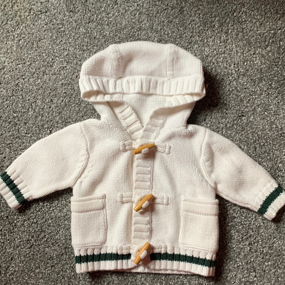 Baby Gap White Knit Jacket with a Hood Pockets Wooden Buttons